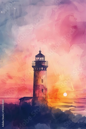 Random lighthouse, closeup in handdrawn style, under a pastel sunset sky, watercolor, guiding light emphasized