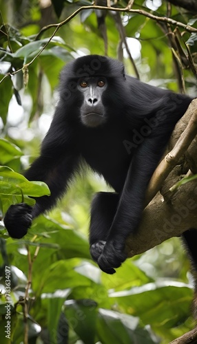 AI generated illustration of a small black monkey perched in a tree with crossed legs
