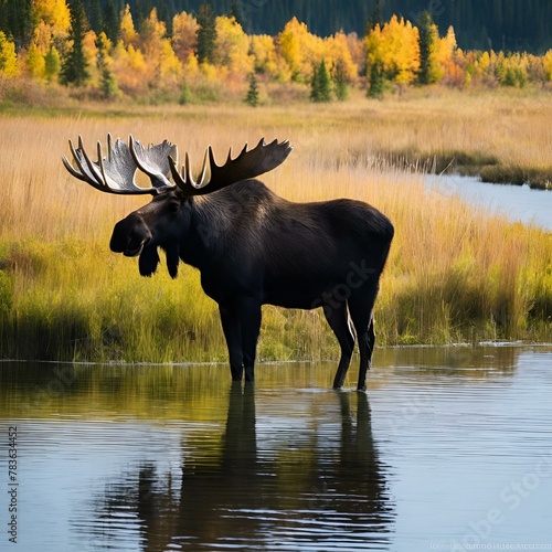 AI generated illustration of a moose by a river in grass and water habitat