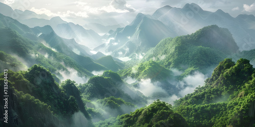 Panoramic view of misty mountains and lush green valleys - Ai Generated