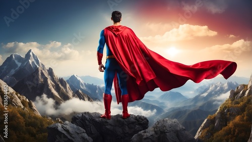 Businessman superhero in red cape standing on top of a mountain scenery background.