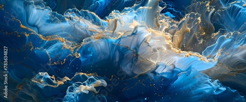 Golden waves intermingle with cobalt blue, forming a dynamic dance of colors on a liquid canvas."