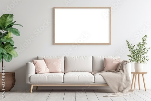 empty picture frame on the wall in a room with a minimalist interior, blank picture for design, copy space