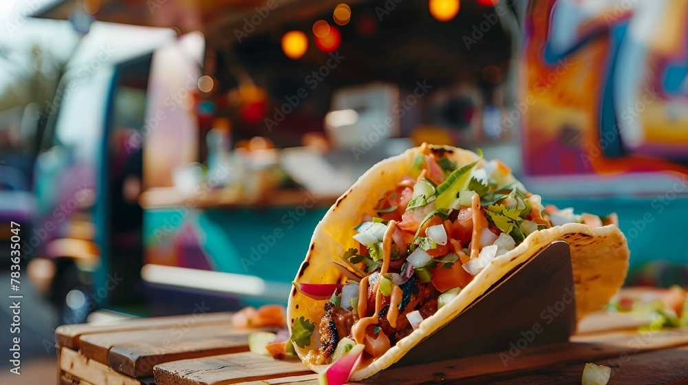 a close up of a taco sitting on top of a wooden crate - obrazy, fototapety, plakaty 