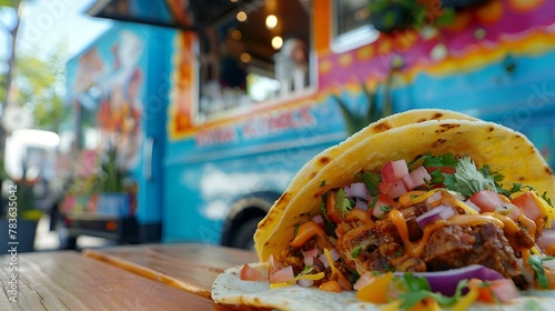 the tacos are sitting on the table outside of the food truck