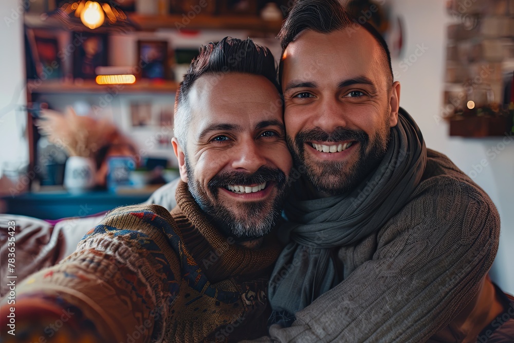 Smiling homosexual couple hugging and looking at camera in living room.