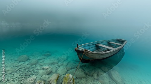 a boat sitting on top of a clear blue lake covered in rocks