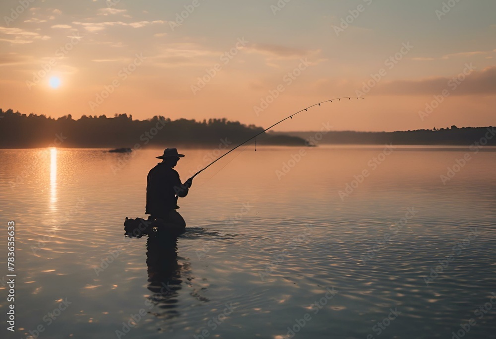 AI-generated illustration of a silhouetted figure fishing at sunset with gear in water