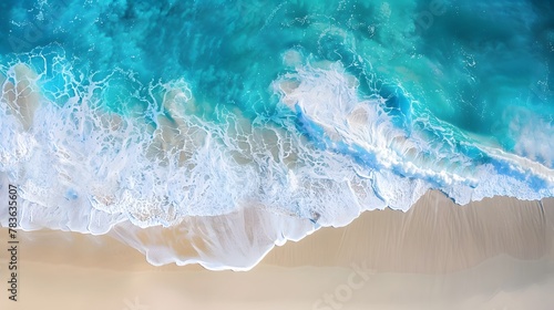 Beach, waves in the sea, white sand beach, top view, blue water wave background, light color. For Design, Background, Cover, Poster, Banner, PPT, KV design, Wallpaper © horizor