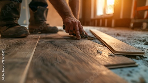 AI generated illustration of a man installing wooden floor planks photo