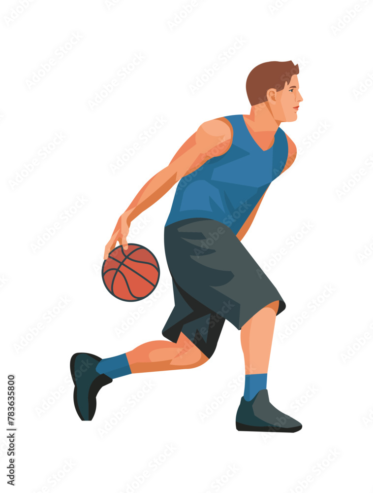 Basketball player in a blue sports T-shirt standing in profile preparing to throw the ball