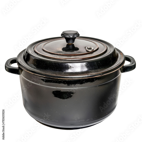 Black Enamel Cooking Pot with Lid, Depicting the Concept of Home Cooking and Food Preparation.