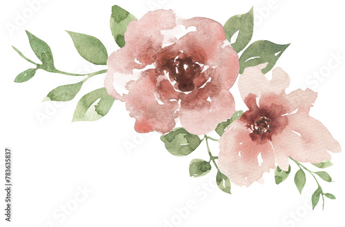 Watercolor pink flowers and greenery flowers border, garden florals bouquet illustration