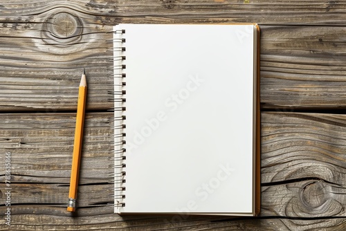 Top view of open spiral blank paper notebook with pencil on wooden table desk background. 