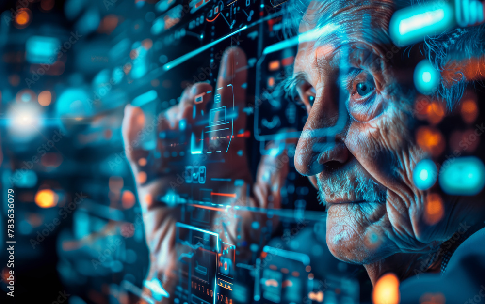 Elderly man viewing digital projections on the screen, AI-generated.