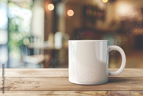 White blank coffee mug on the top of wooden table and blurred interior background, blank space for text.