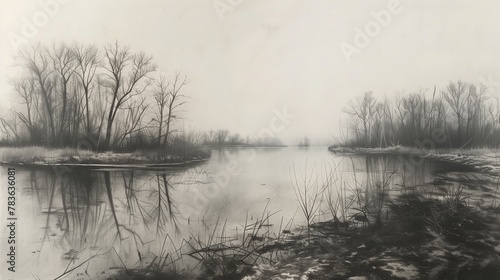 an image of a snowy field and river with some trees