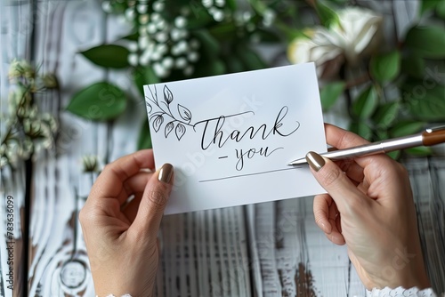 Woman hand writing words "Thank you" on white greeting card, beautiful lettering. 