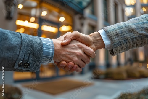 Business deal - handshaking on background of business hall. Hands close-up. The touch of trust, the beginning of a fruitful relationship. © Stavros