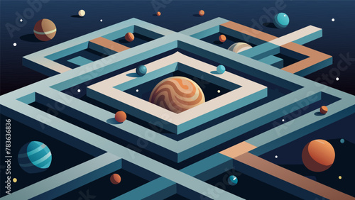In this image the planets are tilted at various angles creating a mazelike pattern. Travelers must carefully navigate through this complex maze photo