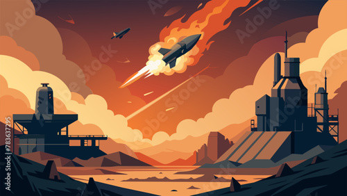 In the distance a malfunctioning mining rig emits jets of fire and sparks as its engines struggle to keep it stable. Debris from a nearby