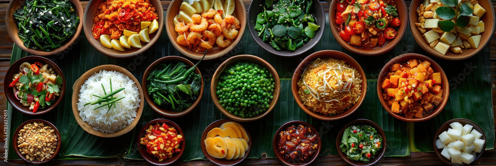 A variety of authentic Thai traditional dishes beautifully arranged on green banana leaves.