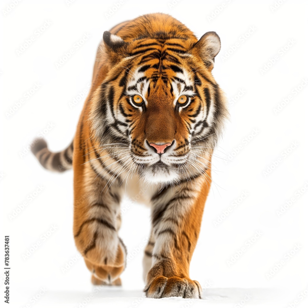 Majestic tiger walking forward, isolated on white background, showcasing power and elegance.