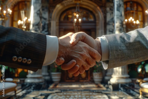 Business deal - handshaking on background of business hall. Hands close-up. Two hands, two minds, working towards a common goal.