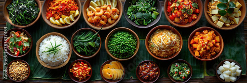 A variety of authentic Thai traditional dishes beautifully arranged on green banana leaves. photo