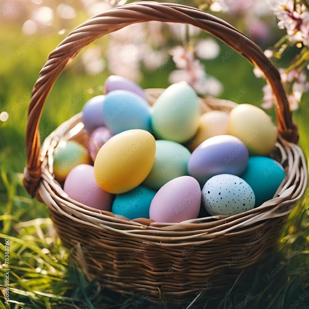 AI generated illustration of vibrant Easter eggs in a wicker basket on grass
