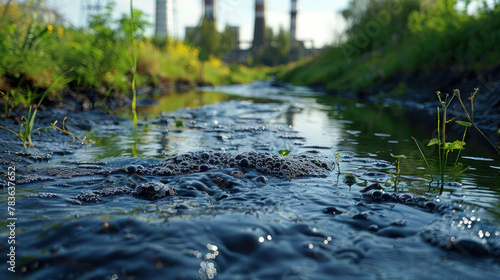 Environmental damage with industrial wastewater flowing into canals and seas, causing water pollution, including sewage outfalls polluting rivers. photo