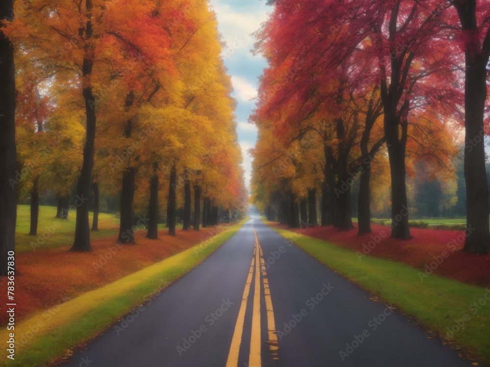 Obraz premium Vertical shot of a road going through beautiful colorful trees captured in day time