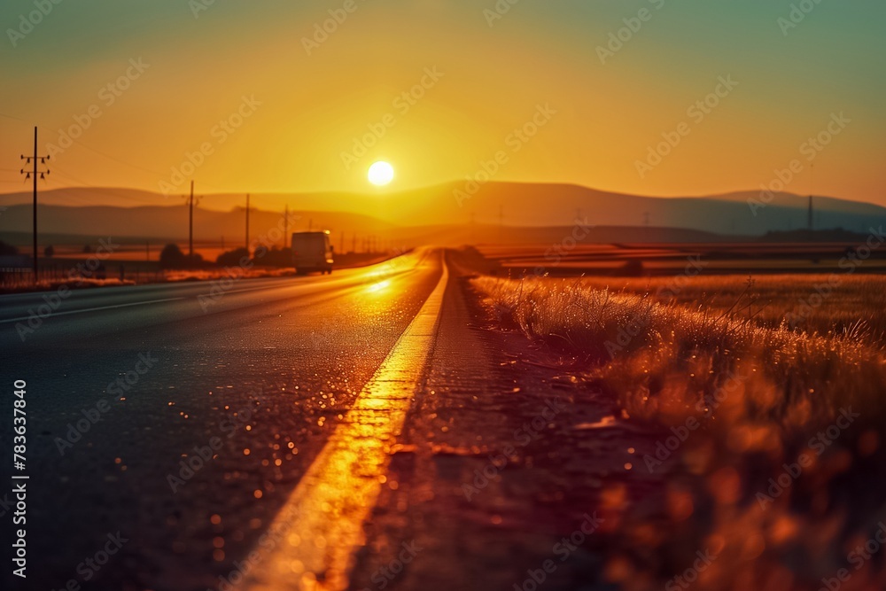 Sunset over a rural road in the countryside, AI-generated.