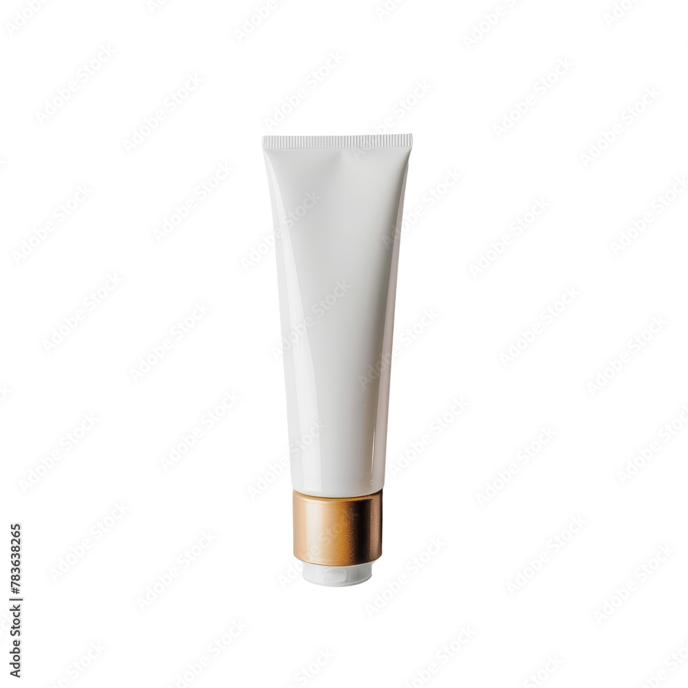 Blank White Cosmetic Tube with a Golden Cap on a Simplistic Backdrop, Concept of Skincare Packaging Design. Blank White Cosmetic Tube with a Golden Cap on a Simplistic Backdrop, Concept of Skincare Packaging Design.