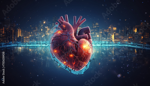 A heart with a red vein and a blue vein is surrounded by a colorful background photo
