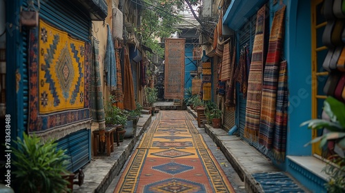 AI generated illustration of colorful carpets line a narrow alley
