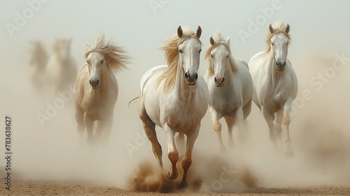 AI generated illustration of white horses gallop on dusty ground in daylight