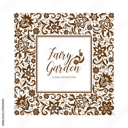 Vector floral square frame; vignette; card design template. Element in Oriental style. Floral silhouette border; premade card. Linear ornament. Isolated ornaments.