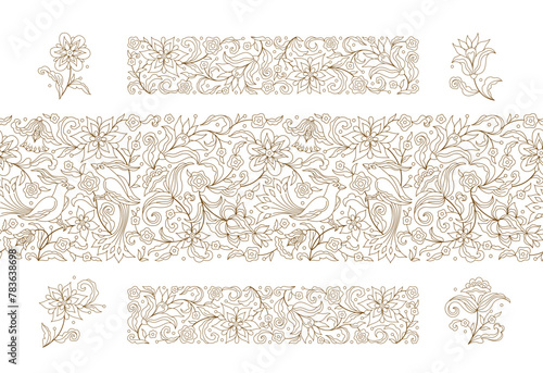 Vector set with floral seamless frame, borders, card design template. Birds, flowers. Element, pattern in Oriental style. Floral linear border, premade card. Arabic ornament. Isolated ornaments.
