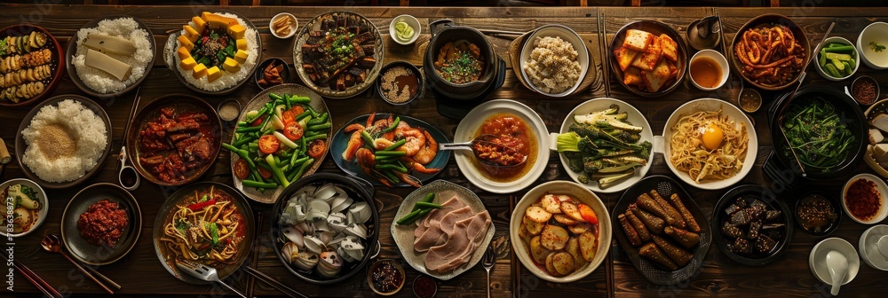 Traditional Korean food, Korean Fried chicken with spicy sauce with rice, seaweed,fresh raw crabs marinated,spicy Rice Cake and Kimchi pickle on wooden table. Traditional Korean food, Korean Fried chicken with spicy sauce with rice, seaweed,fresh raw crabs marinated,spicy Rice Cake and Kimchi pickle on wooden table.