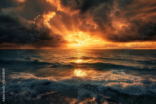AI-generated illustration of a dramatic sunset with dark skies and clouds over the sea