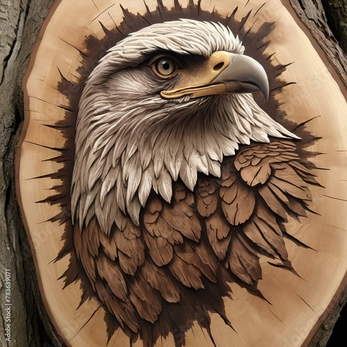 the eagle is looking over its shoulder as he is carved into the wood photo