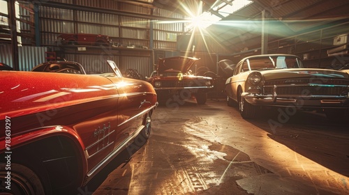 Sun rays illuminating classic cars in a garage  AI generated illustration photo
