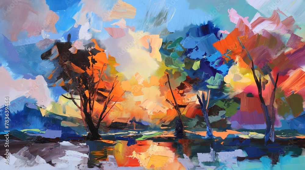 AI generated illustration of an acrylic painting of trees in vibrant colors