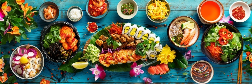 Traditional Korean food, Korean Fried chicken with spicy sauce with rice, seaweed,fresh raw crabs marinated,spicy Rice Cake and Kimchi pickle on wooden table. Traditional Korean food, Korean Fried chicken with spicy sauce with rice, seaweed,fresh raw crabs marinated,spicy Rice Cake and Kimchi pickle on wooden table.