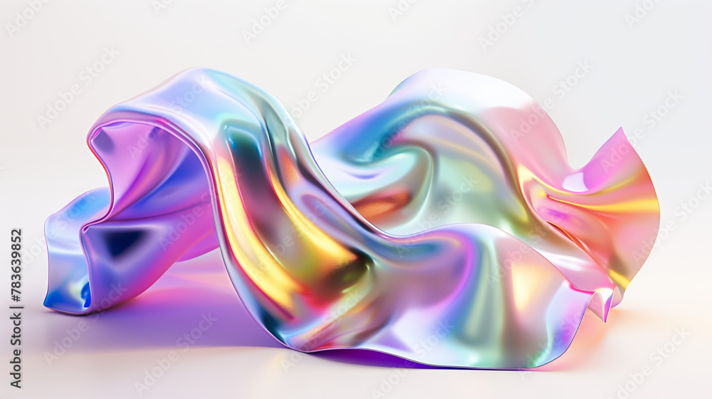 Colorful Wave Holographic 3D Sculpture. Abstract Texture, Trendy Pattern, Iridescent Metal, Liquid Chrome, Fluid Motion. Neon Color, Laser, Light Reflections. Music, Mind, Joy, Harmony. Banner, Header
