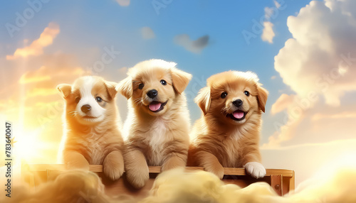 A group of puppies are sitting on a ledge, with one of them being a mix of white