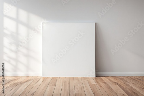 a white empty blank poster on a wood floor in a bright sunlightlit room