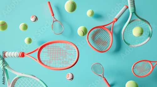 Tennis racquets and balls floating 3d style isolated flying objects memphis style 3d render AI generated illustration