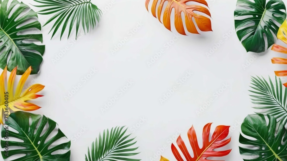 Tropical Leaves Arranged in a Circle on a White Background. Generative AI Tropical Leaves Arranged in a Circle on a White Background. Generative AI